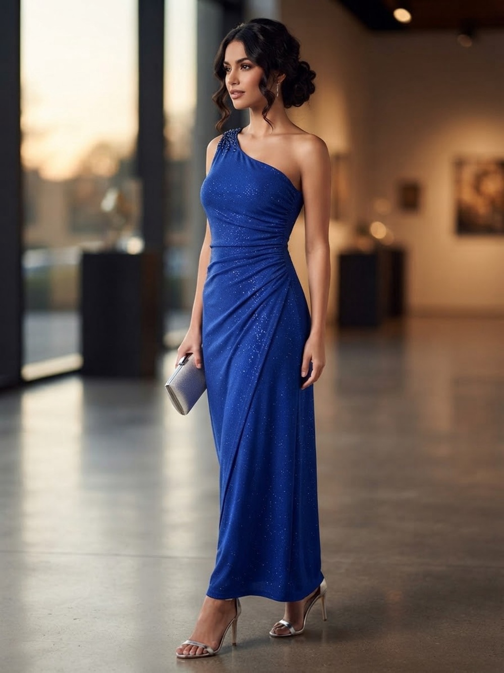 One-Shoulder Royal Blue Evening Gown Size: 14 (L)